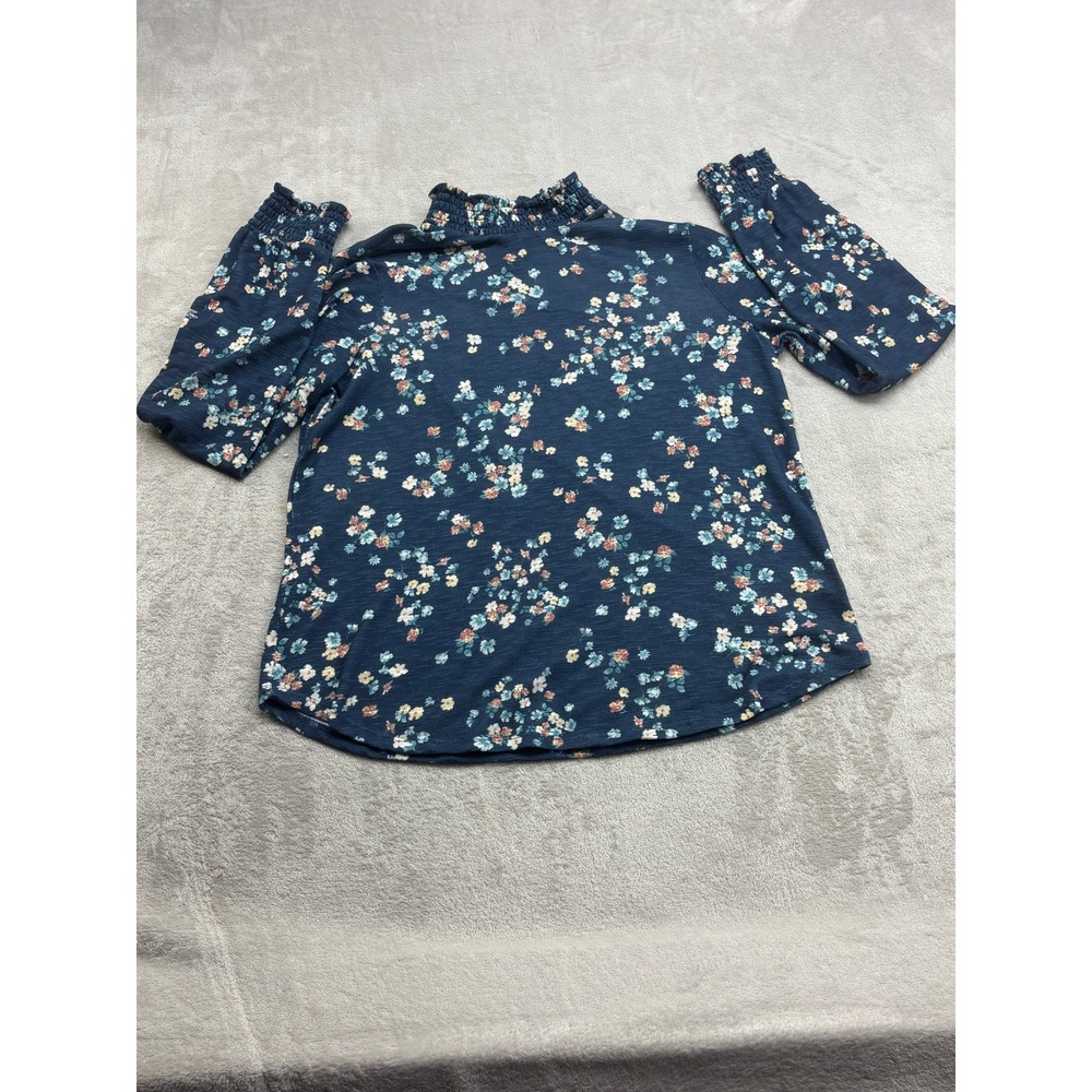 Gypsies & Moondust Floral Top Womens L Navy Smocked Mock Neck Boho Cottagecore